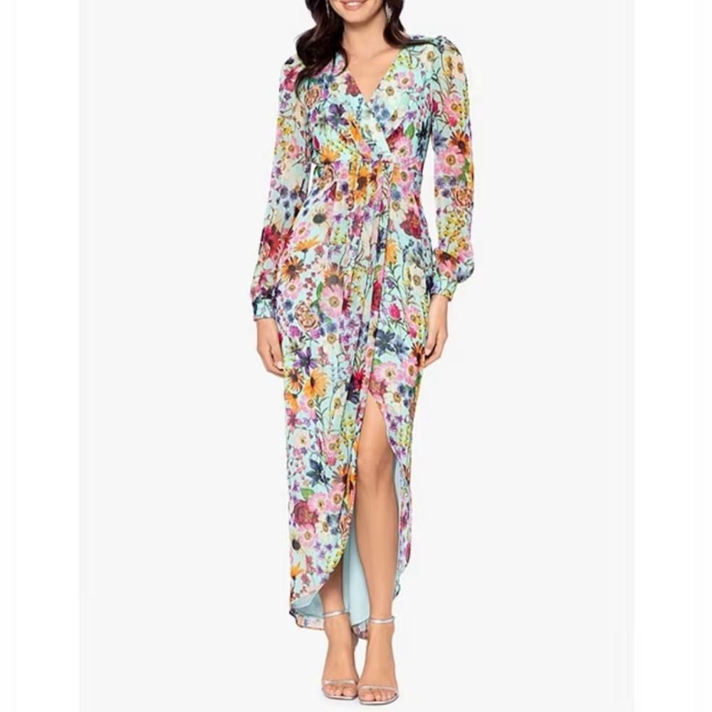 Betsy & Adam Floral Print V-Neck Long Sleeve Faux Wrap Dress